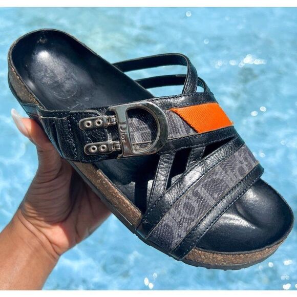 DIOR Dark Blue Leather & Trotter 'D' Buckle Cross Strap Flat Sandals Siz… - Picture 10 of 11
